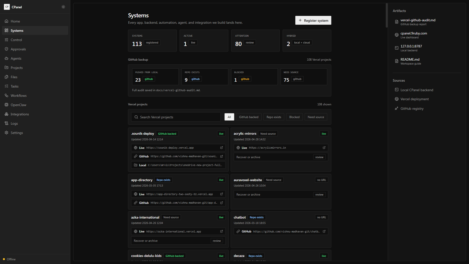 Control panel web interface preview